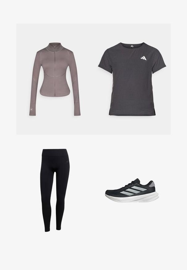 adidas by Stella McCartney ASMC MIDL - Training jacket - charcoal; Short-sleeve athletic t-shirt, dark gray with perforated texture. Features a white logo and contrasting side stripes. Rounded neckline.; Black athletic leggings made of stretchy fabric, featuring a high waistband, fitted design, and ribbed ankle cuffs. Subtle brand logo.; Black running shoe with mesh upper, three silver stripes, white midsole, and textured outsole. Features padded collar and lace closure.