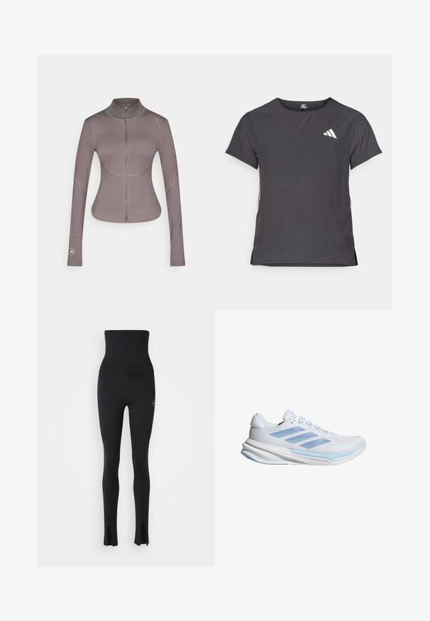adidas by Stella McCartney ASMC MIDL - Tréningová bunda - charcoal; Tričko s krátkym rukávom pre šport, tmavosivé s perforovanou textúrou. Obsahuje biele logo a kontrastné bočné pruhy. Okrúhly výstrih.; adidas by Stella McCartney Legíny - black; Biele bežecké topánky s svetlomodrými detailmi, priedušný zvršok z textilu, dizajn s tromi pruhmi, polstrovaná podrážka a textúrovaná vonkajšia podrážka pre lepšiu trakciu.