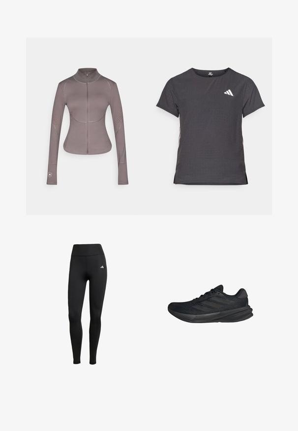 adidas by Stella McCartney ASMC MIDL - Trainingsvest - charcoal; Korte mouwen sport t-shirt, donkergrijs met geperforeerde textuur. Bevat een wit logo en contrasterende zijstrepen. Ronde halslijn.; Zwarte sportleggings met een hoge tailleband. Gemaakt van rekbare stof met een wit logo detail aan de bovenste linkerkant.; Zwarte sportieve schoenen met een bovenwerk van mesh, gestroomlijnde vorm, platte zool en drie diagonale strepen aan de zijkant. Lichtgewicht ontwerp voor comfort.