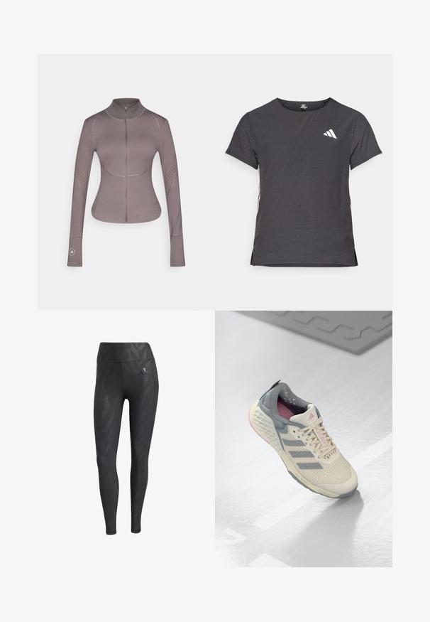 adidas by Stella McCartney - Kurtka sportowa; Koszulka sportowa z krótkim rękawem, ciemnoszara z perforowaną teksturą. Posiada białe logo oraz kontrastowe paski po bokach. Okrągły dekolt.; Czarne legginsy z tonalnym wzorem zebry, wysoki stan, gładka tekstura oraz logo Adidas na lewym biodrze. Wykonane z elastycznego materiału.; Beżowy but sportowy z szarymi akcentami, siateczkową cholewką i teksturowaną podeszwą. Posiada trzy szare paski i różowe detale wewnętrzne.