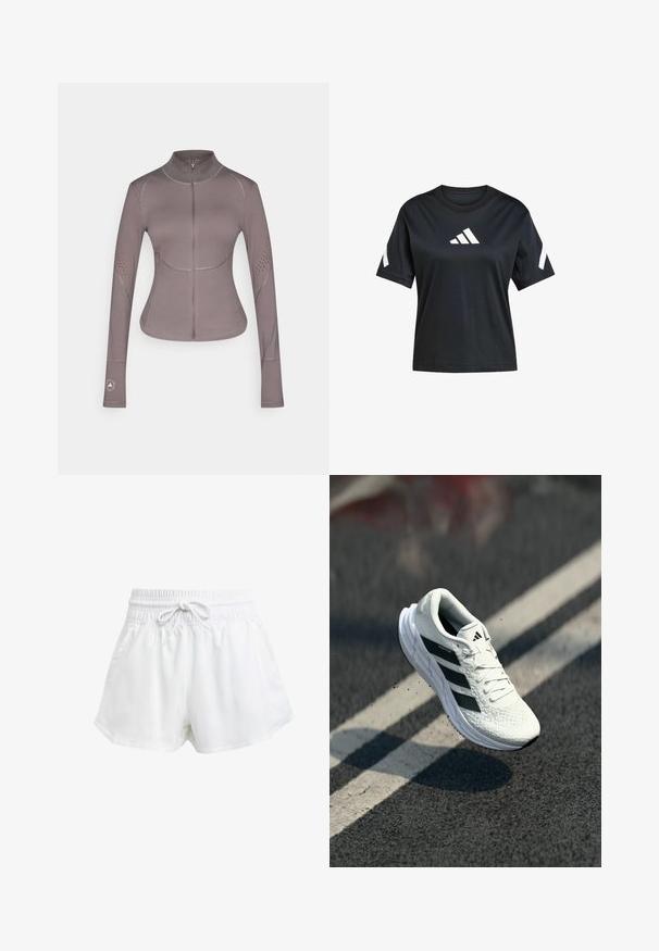 adidas by Stella McCartney ASMC MIDL - Chaqueta de entrenamiento - charcoal; Camiseta negra de manga corta hecha de una tela suave, con un logo blanco de Adidas en el frente y detalles blancos en las mangas.; Pantalones cortos deportivos blancos con cintura elástica y cordón ajustable. Hechos de material ligero, cuentan con bolsillos laterales y un corte holgado.; Zapatilla de running blanca con parte superior texturizada, diseño de tres rayas en negro, cuello acolchado y suela ligera, posicionada en el aire sobre una superficie de carretera.