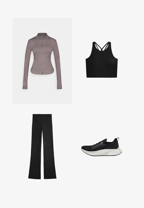 adidas by Stella McCartney ASMC MIDL - Verryttelytakki - charcoal; Musta urheilullinen crop-top, jossa on sileä pinta, korkea kaula-aukko ja kaksinkertaiset ristikkäiset hihnat selässä. Yksinkertainen, toiminnallinen muotoilu.; Mustat levenevät housut, jotka on valmistettu joustavasta kankaasta. Housuissa on korkea vyötärö ja sileä pinta, ilman näkyviä kuvioita tai metalliosia.; Musta urheilukenkä, jossa on teksturoitu yläosa, valkoinen pehmeä pohja ja hienovarainen brändäys. Varustettu vetonauhalla ja nauhakiinnityksellä.