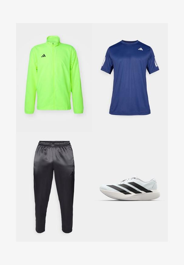 Neoon roheline spordijakk, kerge kangas, täispikk tõmblukk ees, kõrge kaelus, pikad varrukad, perforatsioonid käe all, must logo rinnal.; Tume sinine lühikeste varrukatega spordisärk, mis on valmistatud siledast kangast, ümmarguse kaelaauguga ja valge logoga vasakul ülemisel rinnaosal.; Mustad musta värvi spord pants, mis on valmistatud siledast ja kergest kangast, elastse värviga. Vasakul küljel on väike logo ning jalad on kitsenevad.; Kerged jooksujalatsid helesinises värvuses mustade triipudega. Omavad siledat pealispinda, ümarat varvase osa ja paksu valget vahemõõtu, millel on silt "LIGHTSTRIKE PRO".