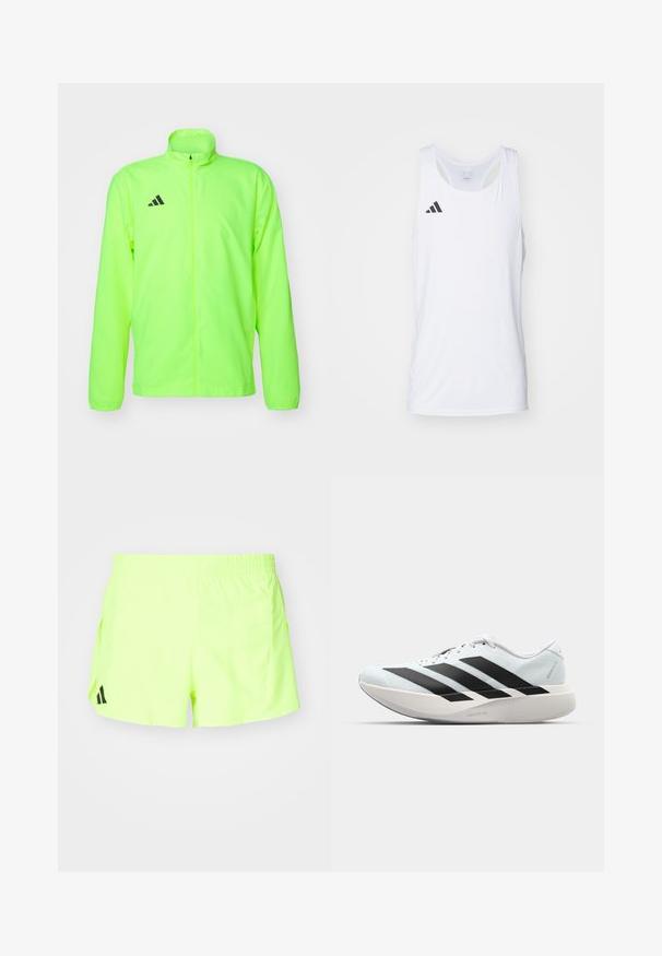 Neon grøn atletisk jakke, letvægtsstof, fuld lynlås foran, høj krave, lange ærmer, perforeringer under armene, med sort logo på brystet.; Hvid ærmeløs atletisk tanktop lavet af letvægtsstof, med sort Adidas-logo på venstre bryst og en scoop-halsudskæring.; Neon gule sportshorts med elastisk livrem, sidelommer og et sort logo nederst til venstre. Glat, letvægts stof.; Letvægtige løbesko i lys blå med sorte striber. Har en glat overdel, rund tå og tyk hvid mellemsål mærket "LIGHTSTRIKE PRO."