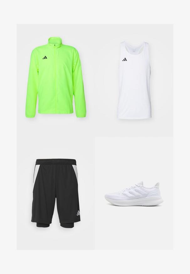 Neon-grüne Sportjacke, leichtes Material, durchgängiger Reißverschluss, hoher Kragen, lange Ärmel, Belüftungsöffnungen unter den Armen, mit schwarzem Logo auf der Brust.; Weißes ärmelloses sportliches Tanktop aus leichtem Stoff, mit schwarzem Adidas-Logo auf der linken Brust und einem runden Ausschnitt.; Schwarze Sportshorts aus leichtem Material, mit weißen Seitenpaneelen, elastischem Bund und einem reflektierenden Logodetail auf der unteren linken Seite.; Weiße Sportschuhe mit einem strukturierten Mesh-Obermaterial, einer stützenden gepolsterten Sohle und einem drei Streifen-Design an der Seite.