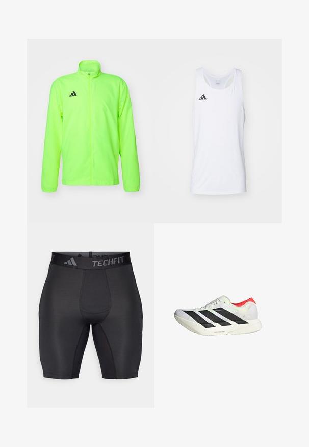Neon-grüne Sportjacke, leichtes Material, durchgängiger Reißverschluss, hoher Kragen, lange Ärmel, Belüftungsöffnungen unter den Armen, mit schwarzem Logo auf der Brust.; Weißes ärmelloses sportliches Tanktop aus leichtem Stoff, mit schwarzem Adidas-Logo auf der linken Brust und einem runden Ausschnitt.; Schwarze Sportshorts aus glattem, elastischem Material. Mit einem breiten, markierten Bund und Flachnähten für Komfort und Langlebigkeit.; Weißer Sportschuh mit schwarzen diagonalen Streifen, roten Akzenten an der Ferse und einer strukturierten Oberfläche; ausgestattet mit LIGHTSTRIKE PRO Dämpfung.