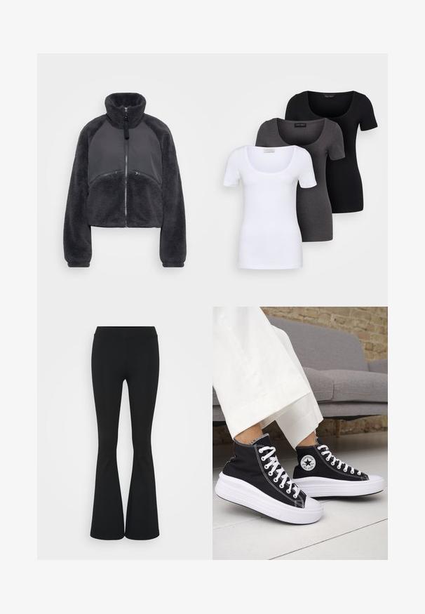 Kratka bunda iz temno sive flis tkanine z gladkim sivo ploščo spredaj. Ima visok ovratnik in sprednje žepe na zadrgo.; Tri prilegla majica v beli, sivi in črni barvi. Vsaka ima širok izrez na vratu in kratke rokave. Narejene so iz gladkega, raztegljivega materiala.; Črne hlače s širokimi hlačnicami, izdelane iz raztegljive tkanine, z visokim pasom in gladko teksturo. Hlače se širijo od kolena navzdol.; Črni visoki supergi z belimi gumijastimi podplati in vezalkami. Na njih je okrogel logotip in kontrastno belo šivanje. Iz blaga platna.