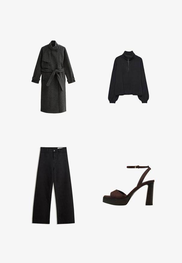 Ciemnoszary wełniany płaszcz z wysokim kołnierzem, podwójnym zapięciem, wiązanym paskiem w talii oraz zapięciami na guziki. Gładka faktura, do kolan.; Czarny sweter z golfem z połowy zipa, z przesztywnymi rękawami i miękką teksturą. Oferuje ribbowany kołnierz i dół. Minimalistyczny design.; Czarne dżinsowe spodnie o szerokich nogawkach i wysokim stanie, z przednimi i tylnymi kieszeniami, przeszyciami oraz zapięciem na guziki. Gładka struktura.; Brązowe zamszowe sandały na wysokim obcasie z odkrytymi palcami, regulowanym paskiem na kostce i paskowatą podeszwą.