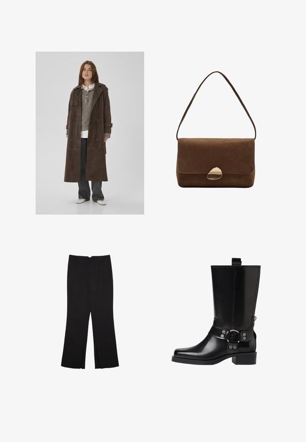 Hnědý semišový plášť do deště s dvojitým zapínáním, velkými knoflíky, ramenními vycpávkami a širokými rukávy, vrstvený přes šedý pletený svetr.; Černý pletený svetr s dlouhými rukávy, vycpanými ramenními částmi a ribbovanými manžetami a lemem, zobrazený na bílém pozadí.; Černé kalhoty s rovným střihem, s předními kapsami a bočními rozparky na lemu. Vyrobené z jemné, hladké tkaniny. Vhodné na různé příležitosti.; Černá kožená vysoká bunda s špičatou špičkou, stříbrnými sponami a robustní podešví. Obsahuje poutko pro snadné obutí.; Hnědá nubuková kabelka přes rameno s zakřiveným zlatým uzávěrem a jediným popruhem, obdélníkového tvaru se záklopkou.