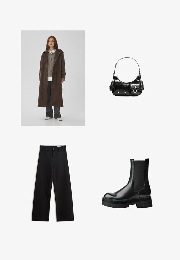 Hnedý semišový dvojradový trenčkot s veľkými gombíkmi, ramennými epauletmi a širokými rukávmi, preložený cez šedý pletený sveter.; Hnedý, skrátený, rebrovaný rolák s dlhými rukávmi a textúrovaným pletením. Má široké manžety a priliehavý golier.; Čierne denimové nohavice s širokými nohavicami a vysokým pásom, so prednými a zadnými vreckami, šitými švami a zapínaním na gombík. Hladká textúra.; Čierna kožená členková čižma s elastickým bočným panelom, okrúhlou špičkou, robustnou platformovou podrážkou a štruktúrovaným zvrškom pre lepšiu priľnavosť.; Čierna laková kožená kabelka s ohnutým tvarom, jedným ramenným popruhom, prednými vreckami a striebornými kovovými doplnkami.