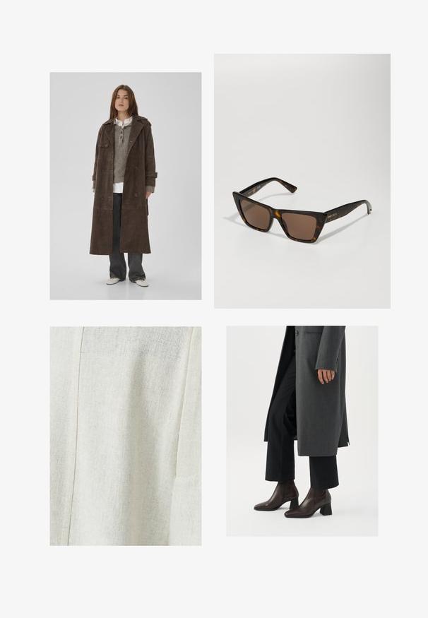 Brązowy zamszowy trencz zapinany na podwójne guziki, z dużymi guzikami, naramiennikami i szerokimi rękawami, nałożony na szary sweter z dzianiny.; Biała bawełniana koszulka z krótkim rękawem, okrągłym dekoltem i luźnym krojem. Gładka tekstura i prosty design, bez wzorów i akcentów.; Jasno beżowa tkanina lniana z teksturowanym wzorem, wyposażona w detal szwu oraz kieszeń boczną. Gładkie wykończenie z subtelnym splotem.; Czółenka na wysokim obcasie w ciemnobrązowej skórze z wąskim noskiem i słupkowym obcasem, zestawione z czarnymi spodniami i szarym płaszczem.; Okulary przeciwsłoneczne w wzór tortoishell z geometrycznym kocim kształtem i brązowymi szkiełkami. Zawierają złote akcenty i gładką plastikową strukturę.; DRAGON DIFFUSION ROSANNA ciemnobrązowy; Złote kolczyki w kształcie węzła z spiralnym wzorem, o gładkiej, błyszczącej teksturze i zaokrąglonym kształcie.