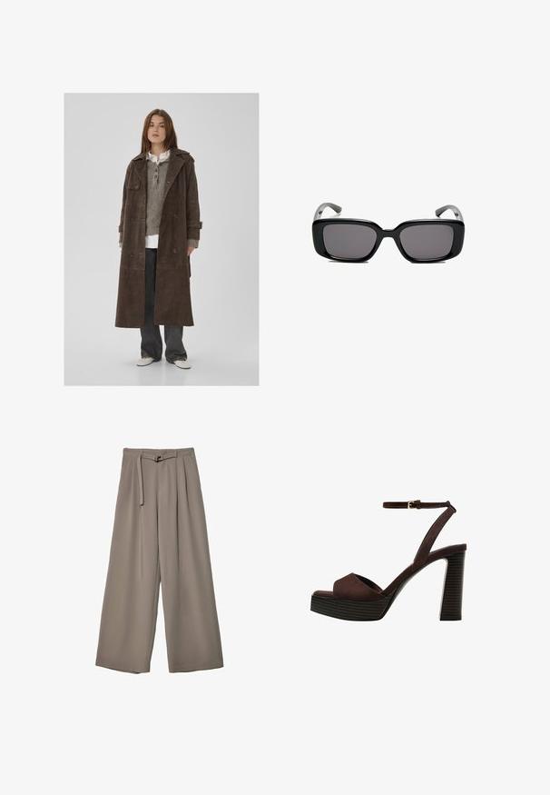 Brun mockaläders dubbelknäppt trench coat med stora knappar, axelklappor och vida ärmar, lager-på-lager över en grå stickad tröja.; Brun kortärmad t-shirt i mjukt tyg, med rund halsringning och avslappnad passform. Inga synliga mönster eller detaljer.; Breda byxor i ett mjukt, dämpat grått tyg, med belagd midja och veck för extra designdetaljer. Slät textur, inga mönster.; Bruna mocka högklackade sandaler med öppen tå, justerbar vristrem och en randig plattformssula.; Svarta rektangulära solglasögon med mörka linser, slimmad plastbåge och böjda tempel. Designen är kraftig med en minimalistisk estetik.