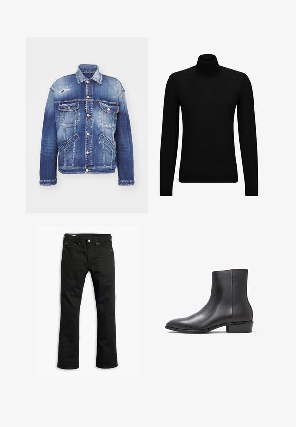 Džínová bunda v rôznych odtieňoch modrej s štruktúrovaným strihom, s opotrebovaním, s gombíkovým zapínaním, štyrmi vreckami a klasickým golierom.; Čierny rolák vyrobený z jemného materiálu, s dlhými rukávmi a tesným strihom. Hranatý lem a manžety s ribbed úpravou. Jednoduchý dizajn.; Čierne džínsy z denimu so strihom rovného nohu, s piatimi vreckami, kovovým zapínaním a jemnými prešitými detailmi. Hladká textúra a jednofarebný vzhľad.; ALDO PILLOWWALK+FLEX INSIDE ZIP AMUR - Klasické členkové čižmy - open black