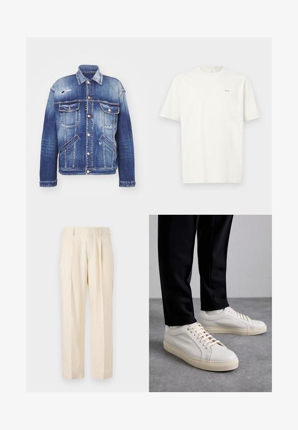 Denim jakna v različnih odtenkih modre barve z strukturirano obliko, detajli obrabe, zadrgo na gumb, štiri žepke in klasičen ovratnik.; Enostavna bela majica s kratkimi rokavi z malim črnim napisom "NN. 07" na levi strani prsnega koša na svetli podlagi.; NN.07 KAY - Hlače - off white; Svetlo bež usnjeni športni čevlji z ravnimi vezalkami, teksturirano površino in kontrastnim smetanastim gumijastim podplatom, v kombinaciji s črnimi oprijetimi hlačami.