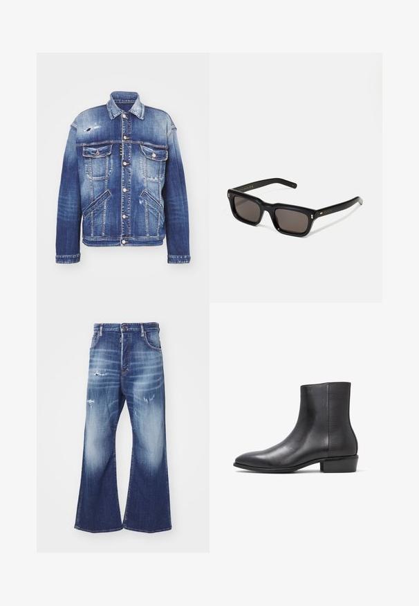Traper jakna u raznim nijansama plave boje sa strukturiranim oblikom, detaljima istrošenosti, kopčanjem na dugmad, četiri džepa i klasičnom kragnom.; Bijeli pamučni majica bez rukava s okruglim izrezom, širokim naramenicama i ravnim rubom, s glatkom teksturom i bez vidljivih uzoraka.; DSQUARED2 ICON EROS - Traperice opuštenog kroja - navy blue; ALDO PILLOWWALK+FLEX INSIDE ZIP AMUR - Klasične gležnjače - open black; Crne pravokutne sunčane naočale s tamnim lećama, debelim plastičnim okvirom, zlatnim akcentima na sljepoočnicama i logotipom marke ugraviranim na dršku.
