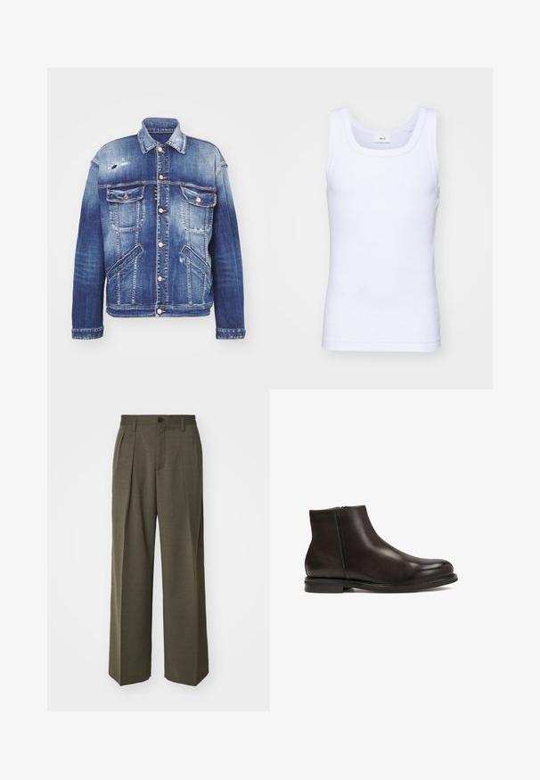 Giubbotto di denim in diverse tonalità di blu con una forma strutturata, dettagli di usura, chiusura a bottoni, quattro tasche e colletto classico.; Canottiera bianca in cotone senza maniche con scollatura rotonda, caratterizzata da una texture liscia e una vestibilità aderente, progettata per l'abbigliamento casual.; Filippa K WIDE TROUSERS - Pantaloni - driftwood; Stivale alla caviglia in pelle nera con una superficie liscia, punta arrotondata e tacco basso. Presenta una zip laterale per indossarlo facilmente.