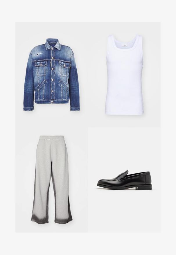 Denim jacket in various shades of blue with a structured shape, distressing details, button closure, four pockets, and classic collar.; White cotton sleeveless tank top with a round neckline, featuring a smooth texture and a fitting shape, designed for casual wear.; Gray sweatpants with a textured finish, featuring a gradual dark gray fade at the hem, elastic waistband, and wide-leg cut.; Black leather loafers with a smooth texture, rounded toe, and a decorative strap across the vamp. Low stacked heel, minimalist design.