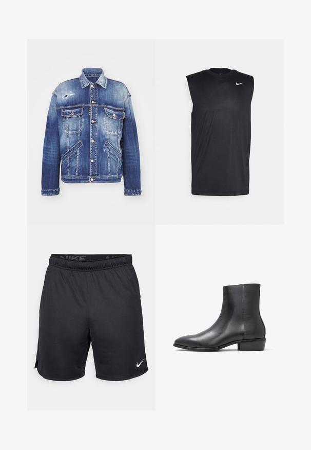 Farkkutakki eri sinisävyissä, rakenteellinen muoto, kulutustiedot, nappisuljenta, neljä taskua ja klassinen kaulus.; Musta hihaton urheilupaita, joka on valmistettu sileästä kankaasta. Paidassa on pyöreä pääntie ja pieni valkoinen Nike-tikkusuora logo vasemmalla ylhäällä.; Mustat Nike-shortsit, joissa on elastinen vyötärönauha, sivuaukot ja valkoinen Nike-logo helmassa. Valmistettu kevyestä, tekstuurista kankaasta.; ALDO PILLOWWALK+FLEX INSIDE ZIP AMUR - Klassiset nilkkurit - open black