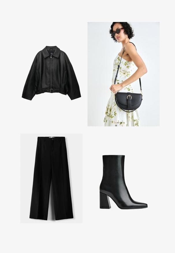 Černá kožená bunda s širokým límcem, zapínáním na zip, bočními kapsami a páskem v pase. Má volný střih a strukturovaný materiál.; Černý pletený svetr s vykrojeným výstřihem přes ramena, dlouhými rukávy a žebrovanými manžetami a lemem. Vyroben z měkkého, texturovaného materiálu.; Černé široké kalhoty z lehkého materiálu s předním zapínáním na knoflík a hladkým předním dílem, s pečlivě přišitými lemy.; Černá kožená kotníková bota s špičatou špičkou a vysokým blokovým podpatkem. Hladká textura s elegantním siluetou a pevným designem základny.; Černá kožená kabelka s křivkovým tvarem, odnímatelným popruhem a zlatými detaily. Kabelka má klopu s přezkou.