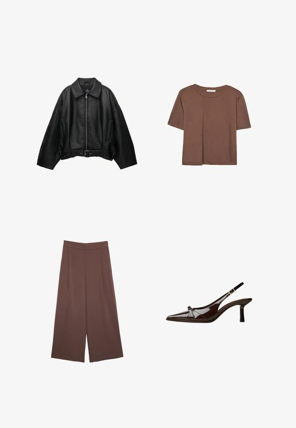 Črna usnjena jakna z širokim ovratnikom, z zapiranjem na zadrgo, bočnimi žepi in pasom okoli pasu. Ponaša se z razgibanim krojem in teksturiranim materialom.; Rjava kratka majica s kratkimi rokavi iz mehkega materiala, s krožnim izrezom in ohlapnim krojem. Brez vidnih vzorcev ali dodatkov.; Rjave široke hlače z gladko teksturo, ki imajo visok pas in sprednje naborke. Tkanina je lahka in prosto pada.; Rjave lakirane slingback čevlje z oglatim nosom, nizko peto in dekorativno pentljo na sprednji strani. Gladka, sijoča tekstura.