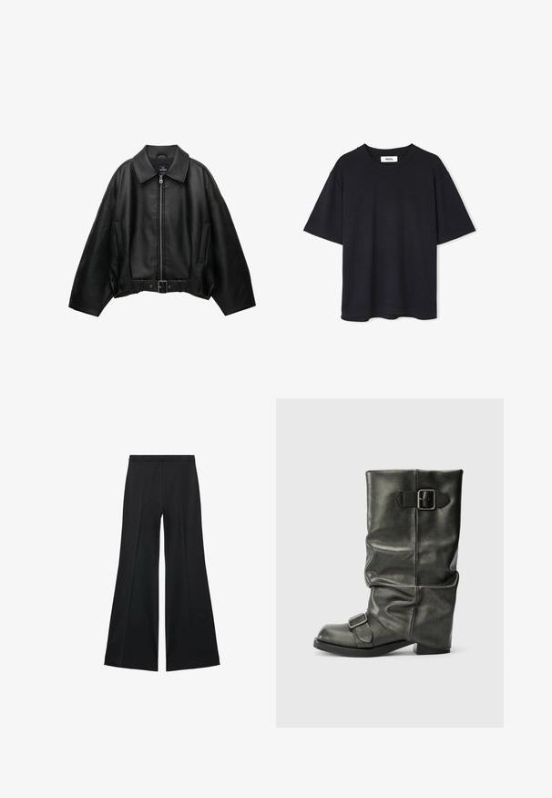 Zwarte lederen jas met een brede kraag, ritssluiting, zijzakken en een tailleband met riem. Heeft een losse pasvorm en een gestructureerd materiaal.; Zwart t-shirt met korte mouwen van zachte stof, met een ronde hals en een comfortabele pasvorm, met een gladde textuur en minimalistisch ontwerp.; Zwarte wijde-pijpen broek met een gladde textuur, gekenmerkt door voorplooien en een op maat gemaakte uitstraling. De stof is lichtgewicht en vloeiend.; Zwarte faux leren enkellaars met een slordige schacht, een chunky hak en twee metalen gespen aan de zijkant voor detail.