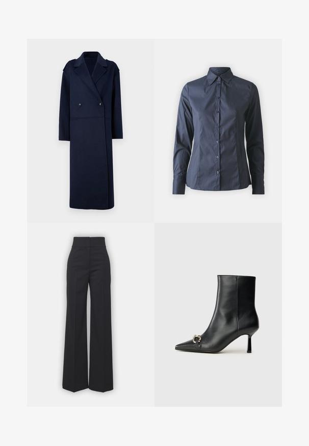 Casaco em mistura de lã azul-marinho com frente dupla, colarinho recortado e mangas longas. Apresenta dois botões pretos e um design de comprimento médio.; Camisa de manga longa azul-escura com fecho à frente por botões, gola pontiaguda e um corte ajustado. Feita de tecido suave e leve.; Calças largas em tecido preto com um cós alto, apresentando um acabamento limpo e uma textura suave. Sem hardware ou padrões visíveis.; Bota preta de couro até ao tornozelo com bico apontado, salto slim de altura média e detalhe em fivela prateada de lado, contra um fundo simples.