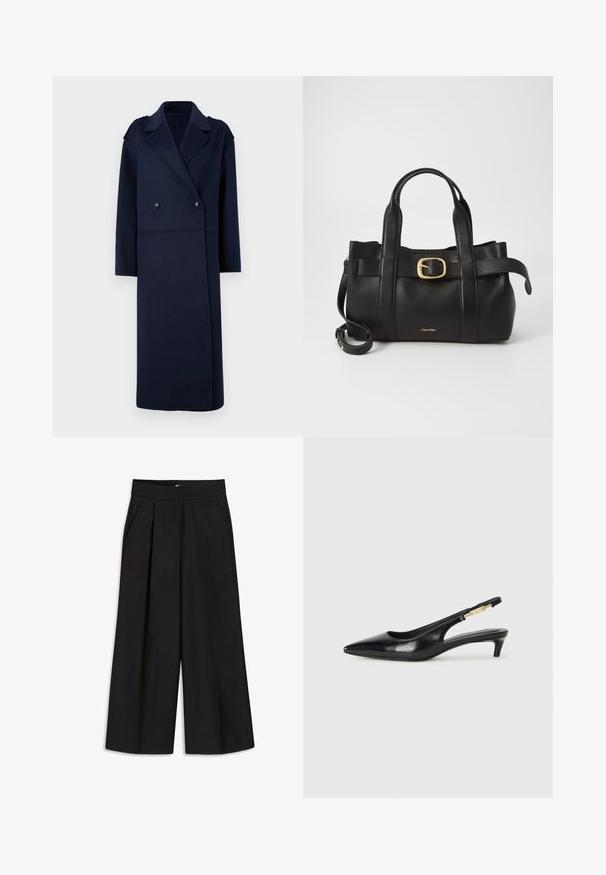 Námořnický kabát z vlněné směsi s dvojitým zapínáním, klopovým límcem a dlouhými rukávy. Obsahuje dvě černé knoflíky a má střední délku.; Černé bavlněné tričko s kulatým výstřihem, krátkými rukávy a vyšitým logem na hrudi. Jednoduchý, volný střih bez vzorů.; Černé široké kalhoty s plisováním, poutky na opasek a bočními kapsami. Hladká tkanina s upraveným povrchem. Bez viditelného kovového příslušenství či vzorů.; Černé kožené boty na podpatku s otevřenou patou a špičatou špičkou, s tenkým podpatkem a zlatým akcentem na nastavitelném pásku. Hladký povrch.; Černá kožená kabelka s upraveným designem, dvojitými vrchními madly, pozlaceným přezkovým akcentem a vyraženým logem značky na přední straně.