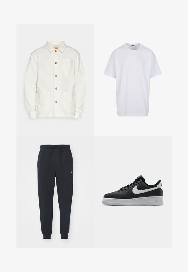 Bílá bavlněná bunda s límcem, předním zapínáním na knoflíky, dvěma velkými předními kapsami a náprsní kapsou s malým logem.; Bílé triko z bavlny s krátkým rukávem, kulatým výstřihem, volným střihem a bez viditelných log či vzorů. Hladká textura a minimalistický design.; Černé teplákové kalhoty vyrobené z měkké tkaniny, s elastickým pasem na šňůrku, žebrovanými manžetami a malým logem na levém stehně.; Černé kožené tenisky s texturovaným povrchem, bílým logem Nike, šedou podrážkou, kulatou špičkou a designem na šněrování. Obsahují perforace na špičce.