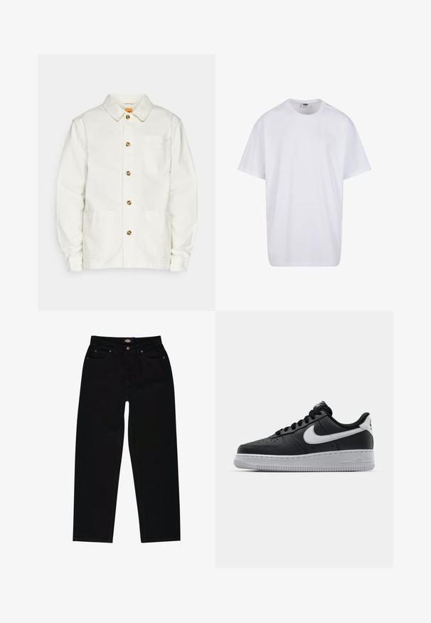 Bela bombažna jakna s ovratnikom, sprednjimi gumbi, dvema velikima prednjima žepoma in žepom na prsih, ki ima majhen logotip.; Bela bombažna majica s kratkimi rokavi, okroglim izrezom, sproščenim krojem in brez vidnih logotipov ali vzorcev. Gladka tekstura in minimalen dizajn.; Črne kavbojke iz denima s ravnim krojem, ki imajo pet žepov, rjavo šivanje in zadrgo za zapiranje. Gladka tekstura in trpežen material.; Črne usnjene teniske z teksturirano površino, bele Nikejeve zmage, sivo podplato, okroglo konico in vezalno zasnovo. Imajo perforacije na prednjem delu.
