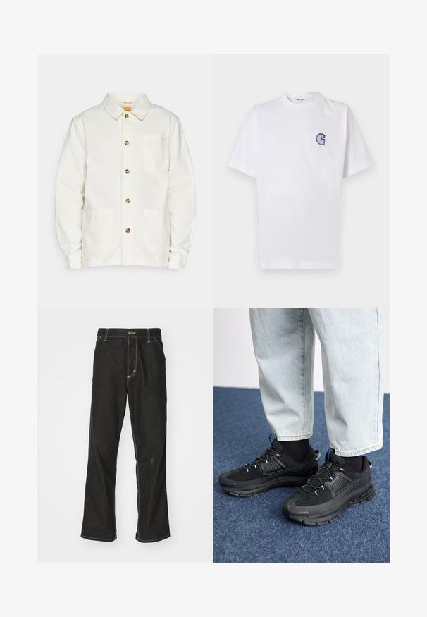 Witte katoenen jas met een kraag, voor knopen, twee grote voorzakken en een borstzak met een klein logo op de zak.; Wit katoenen T-shirt met korte mouwen, ronde hals en een klein, geborduurd blauw "C"-logo op het linker borstgebied.; Zwarte denim jeans met een losse pasvorm, voorzien van contrasterende witte stiksels, een knoopsluiting en een recht ontwerp.; Zwarte sportschoenen met gestructureerde stof en rubberen zolen, met elastische veters en een blauwe accent op de hiel. Draag samen met lichte spijkerbroeken.