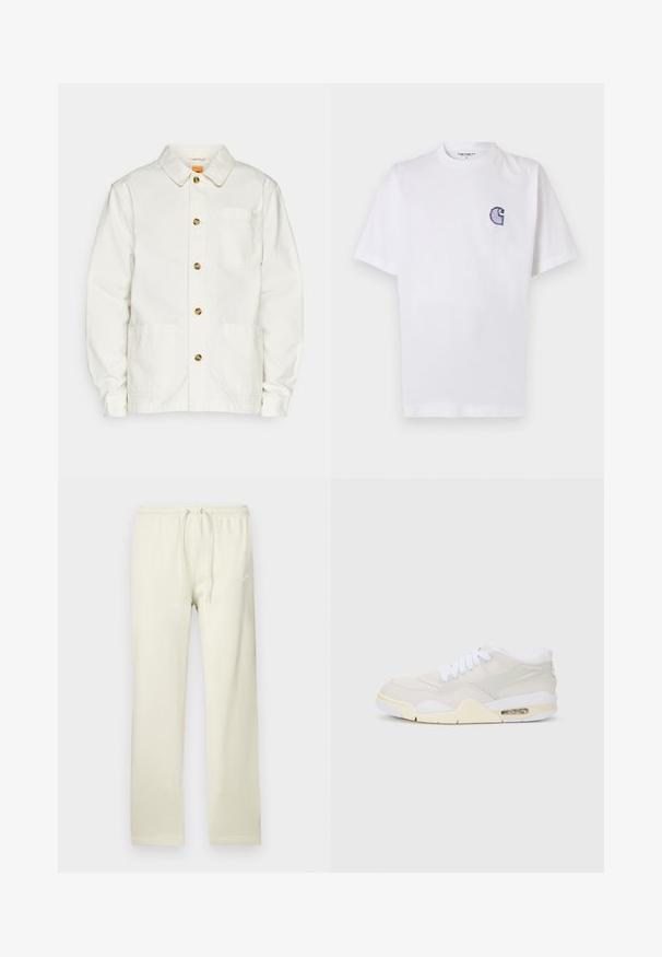 White cotton jacket with a collar, front buttons, two large front pockets, and a chest pocket featuring a small logo on the pocket.; White cotton t-shirt with short sleeves, round neckline, and a small, embroidered blue "C" logo on the left chest area.; Light beige sweatpants with a drawstring waist, made of soft material. Features a subtle Nike logo in white on the left thigh.; Sneakers with a light beige synthetic upper, white laces, and visible cushioning. Features a smooth sole and subtle side accents.