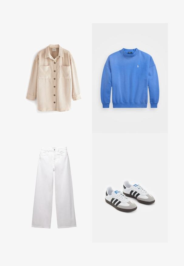 Beżowa kurtka koszulowa z korduroju w pionowe paski, z dwiema kieszeniami na piersi, czterema brązowymi guzikami z przodu i kołnierzykiem z klapami.; Niebieska bluza wykonana z miękkiej mieszanki bawełny, z okrągłym dekoltem, długimi rękawami, ściągaczami przy mankietach oraz małym haftowanym logo na piersi.; Białe dżinsy w stylu wide-leg wykonane z denimu. Posiadają zapięcie na guzik, kieszenie z przodu i z tyłu oraz przeszycia. Gładka tekstura z minimalnymi detalami.; Buty sportowe z białą skórzaną cholewką, szarym zamszowym noskiem i trzema czarnymi paskami. Posiadają niebieskie logo na języku oraz teksturowaną gumową podeszwę.