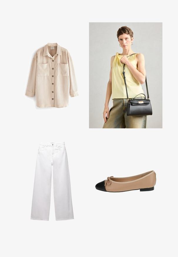 Veste chemise en velours côtelé beige avec des rayures verticales, deux poches à la poitrine, quatre boutons marron sur le devant et un col rabattu.; Pull de laine rayé avec un motif noir et crème, fabriqué à partir d'un tissu texturé, avec des manches longues et un col rond.; Jean large blanc en denim. Comprend une fermeture à bouton, des poches avant et arrière, et des coutures. Texture lisse avec un minimum de détails.; Ballerines en cuir beige avec un bout noir. Présentent un détail de nœud à l'avant et une texture lisse. Design à profil bas avec une semelle en caoutchouc.; Sac à main en cuir noir avec un design structuré, une poignée supérieure et une bandoulière ajustable. Texture lisse et détail de fermeture en métal doré.