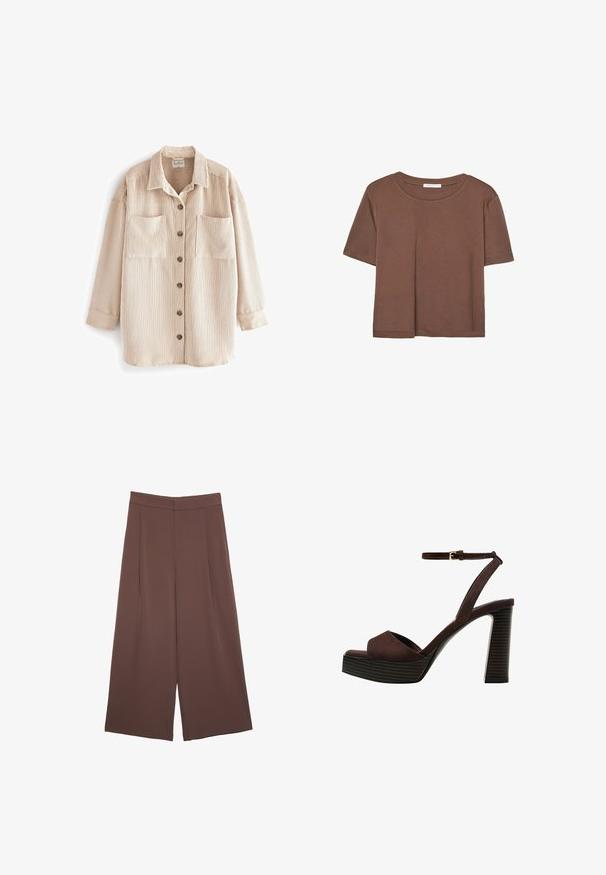 Beige corduroy overhemdjack met verticale strepen, twee borstzakken, vier bruine knopen aan de voorkant en een omgeslagen kraag.; Korte mouwen T-shirt in bruin, gemaakt van een zachte stof, met een ronde halslijn en een relaxte pasvorm. Geen zichtbare patronen of accenten.; Bruine wijde broek met een gladde textuur, voorzien van een hoge taille en plooien aan de voorkant. De stof is lichtgewicht en valt losjes.; Bruine suède high-heeled sandaal met een open teen, verstelbare enkelband en een gestreepte plateauzool.