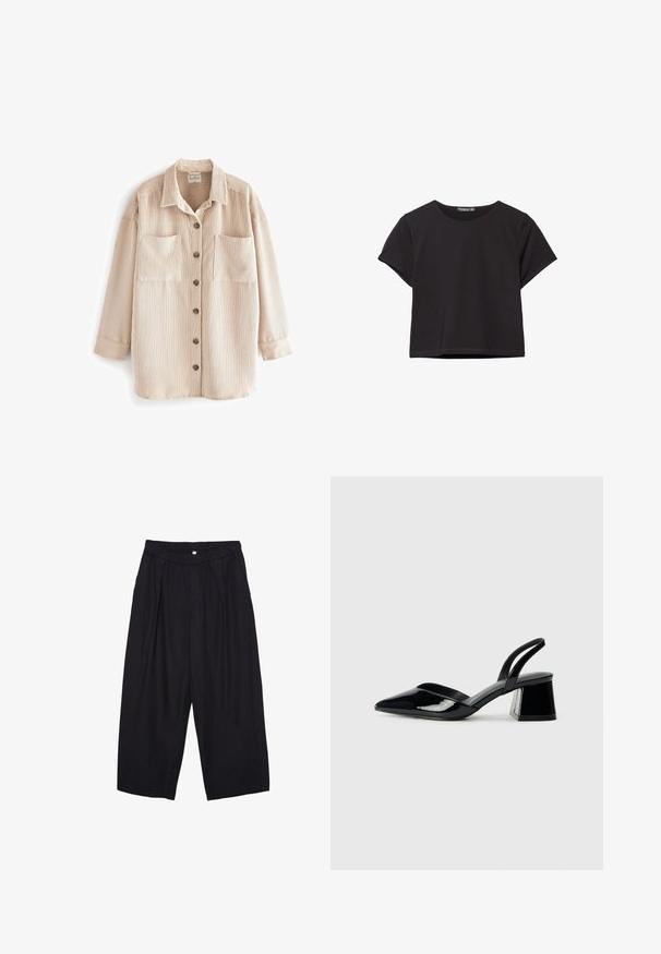Bežna kordna srajčna jakna z vertikalnimi črtami, dvema žepoma na prsih, štirimi rjavimi gumbi spredaj in preklopnim ovratnikom.; Črn kratki top s kratkimi rokavi, narejen iz mehkega materiala, z okroglo izrezom in sproščenim krojem ter čistim robom.; Črne poliesterske culotte hlače z elastičnim pasom, dvema sprednjima nabiranjema in ohlapnim krojem. Brez vidnih vzorcev ali kovinskih detajlov.; Črne lakirane slingback pete s koničastim nosom in geometrijsko blokasto peto. Imajo eleganten, minimalističen dizajn in gladko teksturo.