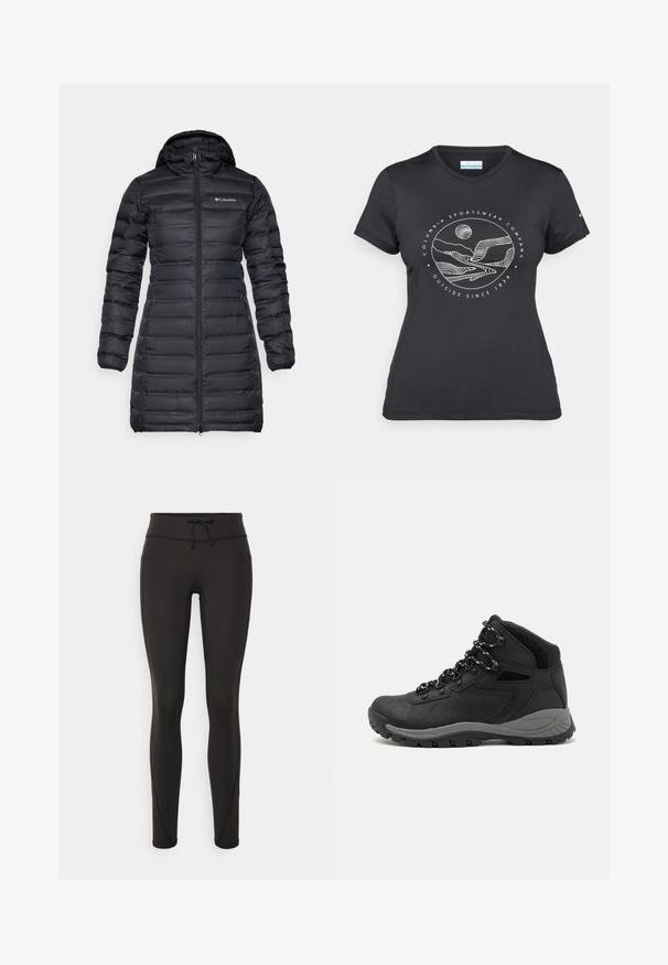 Abrigo acolchado negro aislante con capucha, mangas largas y cierre frontal con cremallera. Presenta secciones acolchadas y un logo en el pecho.; Camiseta negra de Columbia con un arte lineal circular de montaña y río en blanco y el texto "Columbia Sportswear Company Fuera desde 1938."; Leggings negros con cintura alta, cordón, textura suave y diseño ajustado. Presenta detalles de costura a lo largo de los laterales.; Bota de senderismo negra con un diseño de medio caña, que cuenta con una parte superior texturizada, acentos grises y una suela de goma duradera con tacos de tracción.