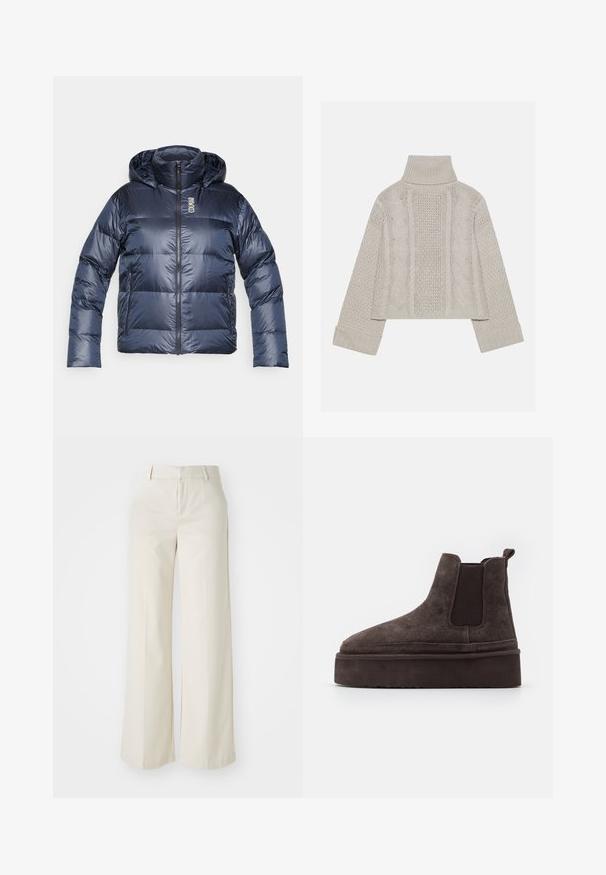 Navy blue puffer jacket with a hood, featuring a zip front, quilted design, and logo at the chest. Smooth, glossy material and elastic cuffs.; Cropped, light gray knit sweater with a high collar and ribbed cuffs, featuring textured cable patterns down the back and sides.; Wide-leg trousers in a light beige color, made of a smooth fabric. Features a classic waistband and flat front with clean lines.; Brown suede Chelsea boots with elastic side panels and a thick, textured platform sole. Features a pull tab at the heel for ease of wear.