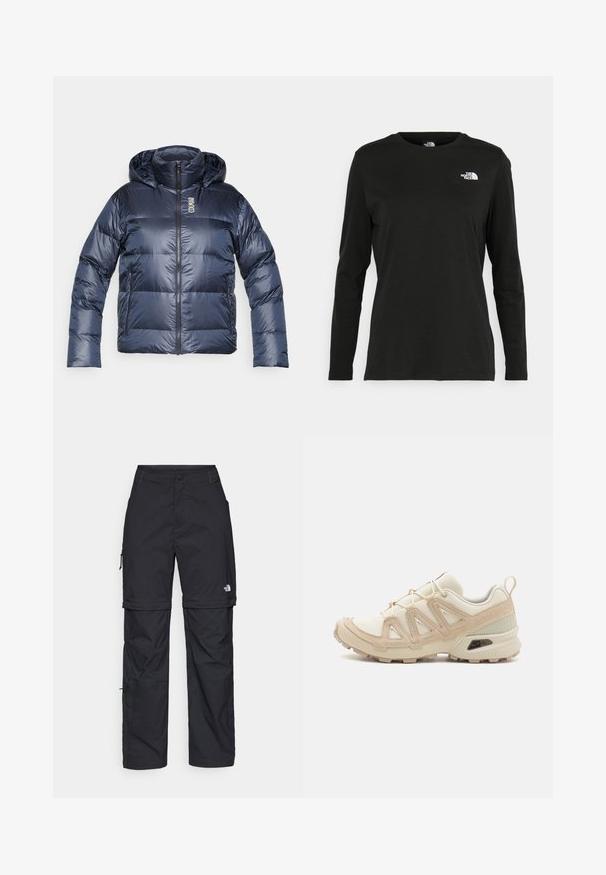 Marineblaue Daunenjacke mit Kapuze, mit einem Reißverschluss vorne, gestepptem Design und Logo auf der Brust. Glattes, glänzendes Material und elastische Bündchen.; Schwarzes Langarm-T-Shirt aus Baumwolle mit Rundhalsausschnitt. Verfügt über ein kleines weißes Logo auf der linken Brustseite. Einfaches Design und Passform.; Schwarze Nylon-Zip-Off-Cargohosen mit verstellbaren Bündchen, mehreren Taschen und einem Logo am rechten Bein. Glatte, leichte Textur.; Beige und cremefarbenen Sportschuh mit strukturiertem Mesh-Obermaterial, unterstützenden Überzügen und Gummisohle mit einem Profilmuster für Bodenhaftung.
