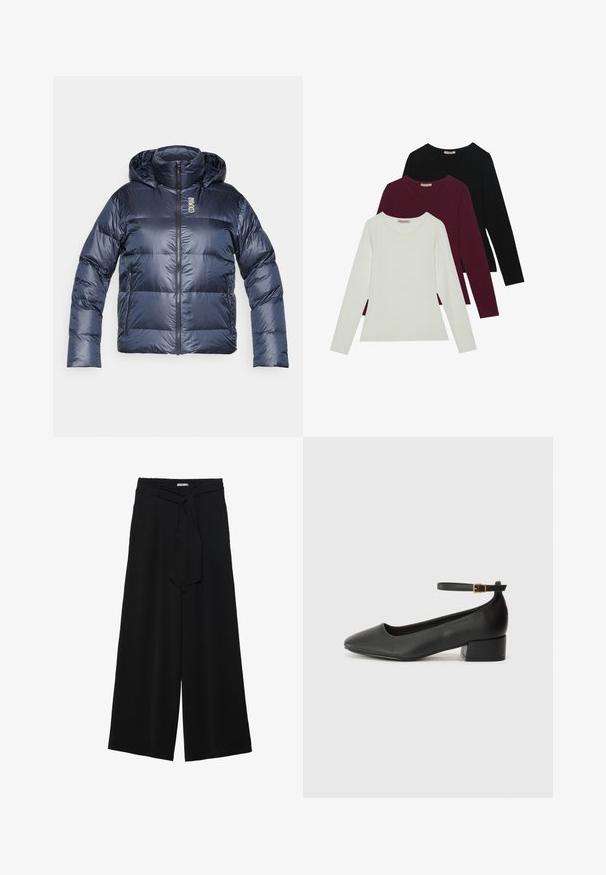 Navy blue puffer jacket with a hood, featuring a zip front, quilted design, and logo at the chest. Smooth, glossy material and elastic cuffs.; Long-sleeve t-shirts in white, burgundy, and black. Made of soft fabric with a round neckline and fitted design. Suitable for layering.; Black wide-leg pants featuring a textured fabric, an elastic waistband, and a detachable sash tie at the waist for adjustable fit.; Black leather pump with a pointed toe and a low block heel. Features an ankle strap with a gold-tone buckle. Smooth texture.