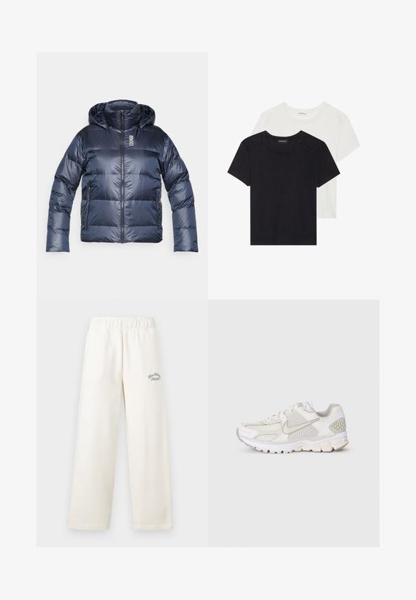 Marineblaue Daunenjacke mit Kapuze, mit einem Reißverschluss vorne, gestepptem Design und Logo auf der Brust. Glattes, glänzendes Material und elastische Bündchen.; Zwei Kurzarm-T-Shirts in Schwarz und Weiß. Aus weicher Baumwolle gefertigt, mit einem runden Halsausschnitt und standardmäßiger Passform, die dezente Nähedetails aufweisen.; Cremfarbene, weit geschnittene Hose aus weichem Material mit einem elastischen Bund. Auf der Vorderseite ist dezent grüner Sticktext zu sehen.; Weiße Sportschuhe aus Mesh- und Synthetikmaterialien. Verfügt über ein strukturiertes Design, einen gepolsterten Schaft und geometrische Akzente an der Ferse.