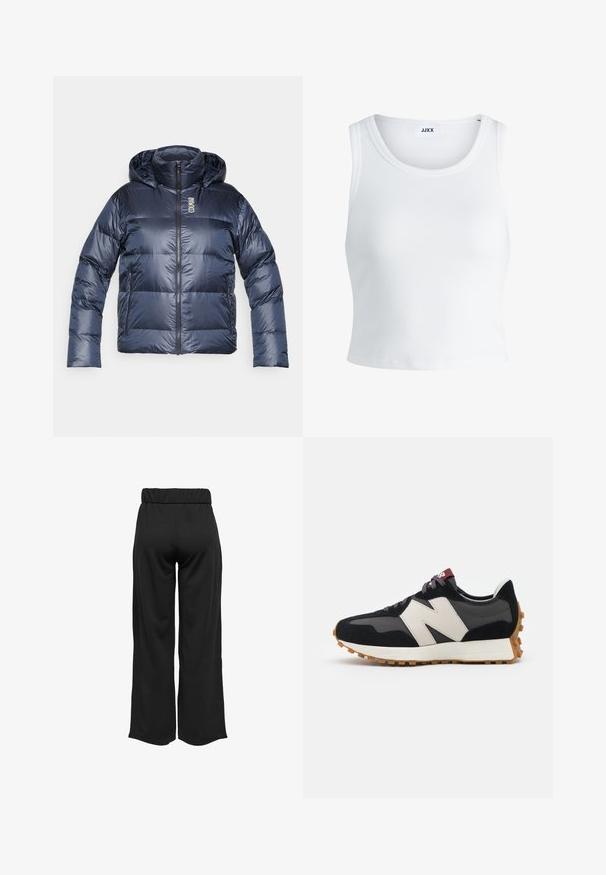 Mörkblå puffjacka med huva, med dragkedja framtill, quiltat mönster och logotyp på bröstet. Släthet och glansigt material samt elastiska ärmslut.; Vit ribbade linne med rund halsringning, ärmlös design och kort längd. Märket säger "JJXX." Slät tygkvalitet.; Svarta, vida byxor med elastisk midja, tillverkade av en mjuk tyg. Har en ren design utan fickor eller synliga sömdetaljer.; Svart och grå mocka sneaker med en stor krämfärgad "N"-logotyp, lila snören och en texturerad gummisula.