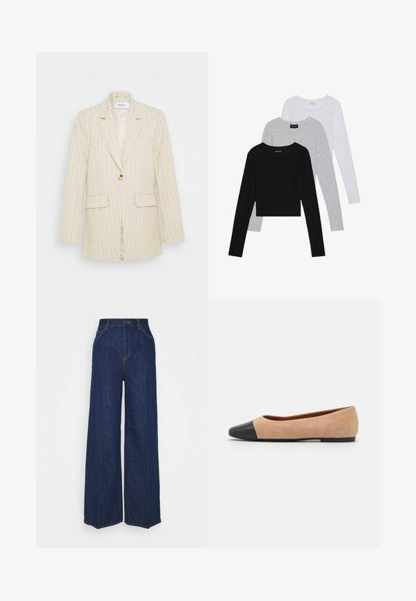 Blazer crem cu dungi subțiri, cu un singur nasture aurit, rever clasic și două buzunare frontale; fabricat dintr-un material texturat, cu o croială ajustată.; Trei bluze cu mânecă lungă așezate: neagră, gri și albă. Fiecare are un guler rotund și un design scurt, realizat dintr-un material fin și ușor.; Blugi din denim întunecat, cu talie înaltă și picioare largi, cu buzunare laterale și pe spate, închidere cu buton și detalii vizibile de cusătură.; Baletă din suede bej cu vârf rotund din piele neagră, toc jos și textură netedă, având cusături minime și un design curat.