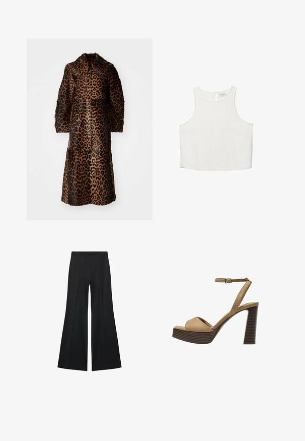 By Malene Birger RAFAIA - Zimski kaput - brown; Bijela bezrukavna majica s okruglim izrezom, koja ima suptilnu teksturu, detalj u obliku ključa na leđima i ravni rub.; Crne široke hlače s glatkom teksturom, koje imaju prednje nabore i kroj po mjeri. Tkanina je lagana i lepršava.; Beige suedirane sandale s visokim potpeticama, širokom prednjom trakom i trakicom oko gležnja, s debelom drvenom blok-potpeticom s teksturiranim završetkom.