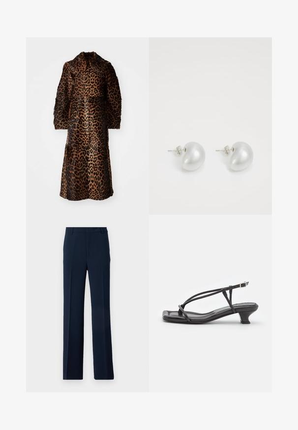 By Malene Birger RAFAIA - Manteau d'hiver - brown; Polo à manches longues côtelé crème avec col et patte de boutonnage à trois boutons. Dispose de poignets ajustés et d'un tissu doux et texturé.; Pantalons bleu marine en tissu lisse, présentant un design à jambe droite avec des plis avant et des poches latérales pour une allure soignée.; Sandal en cuir noir avec des fines lanières, un petit talon carré et un bout carré. Dispose d'une fermeture à boucle et d'une texture lisse.; Boucles d'oreilles en perles argentées avec une forme incurvée en haricot. Surface lisse et brillante, maintenues par une fermeture à tige et à dos.