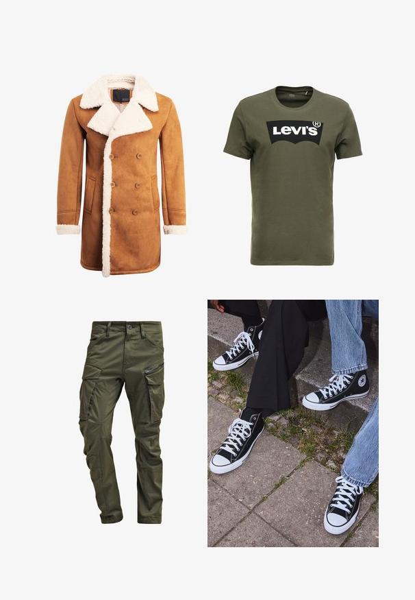 Manteau en daim marron au design croisé, avec un grand col en cuir lainé blanc et des finitions, des poches latérales et des accents de boutons.; T-shirt en coton vert olive avec un grand logo noir Levi's sur le devant. Col rond classique et manches courtes, texture lisse.; Pantalons cargo vert olive en coton résistant. Dotés de plusieurs poches, d'une poche latérale zippée et de jambes fuselées avec une finition légèrement texturée.; Baskets montantes en toile noires avec semelles et lacets en caoutchouc blancs, arborant un logo circulaire sur le côté et associées à un jean et un pantalon noir.