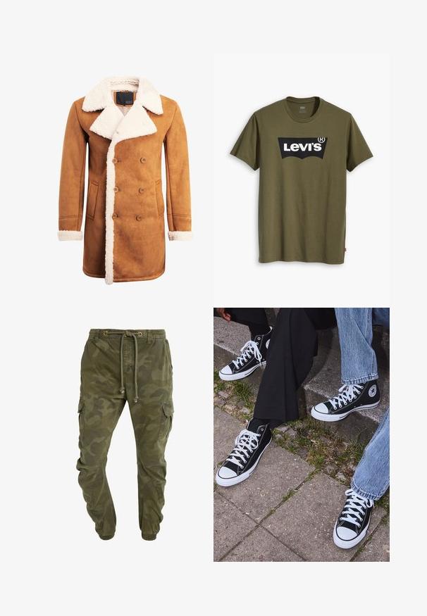 Brun ruskindsfrakke med dobbeltbrystet design, stort hvidt shearling krave og kant, sidelommer og knapdetaljer.; Olivengrøn bomuld T-shirt med stort sort Levi's-logo i en kontrasterende, halvcirkelformet bue hen over brystet. Almindelig pasform.; Camo-mønstrede grønne cargo-bukser med snøre i taljen, elastiske cuffs og sidelommer. Fremstillet af holdbart stof.; Sorte høje canvas sneakers med hvide gummisåler og snørebånd, prydet med et cirkulært logo på siden og parret med denim og sorte bukser.