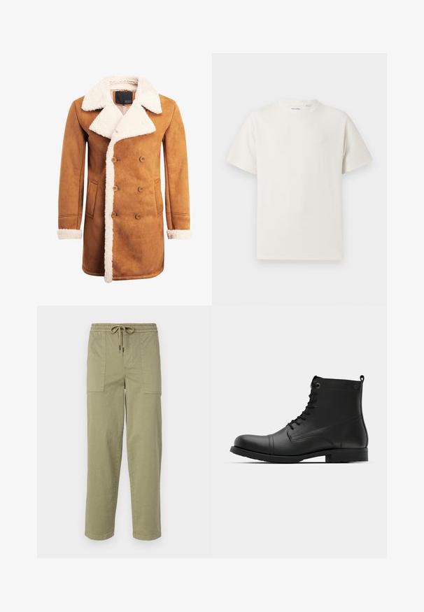 Brun ruskindsfrakke med dobbeltbrystet design, stort hvidt shearling krave og kant, sidelommer og knapdetaljer.; Hvid kortærmet T-shirt i ribbet tekstur. Rund halsudskæring, løs pasform, ingen synlige mønstre eller accenter. Enkel og alsidig design.; Lys olivengrønne bukser lavet af en bomuldsblanding, med elastisk talje med snor og to store sidelommer.; Sorte læder ankelstøvler med rund tå, snørelukning og flad gummisål. Har minimal syning og en hælsløjfe.