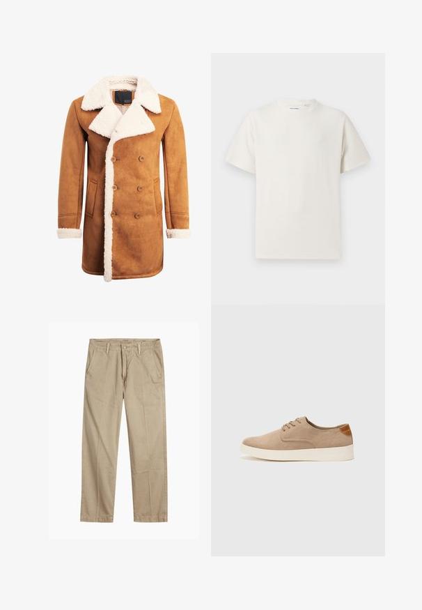 Brown suede coat featuring a double-breasted design, large white shearling collar and trim, side pockets, and button accents.; White short-sleeve T-shirt in a ribbed texture. Round neckline, relaxed fit, no visible patterns or accents. Simple and versatile design.; Beige straight-leg chinos with belt loops, front button and zipper closure, and slant front pockets.; Beige suede sneakers with a rounded toe, lace-up front, and a textured back accent. White rubber sole provides contrast. Simple and modern design.