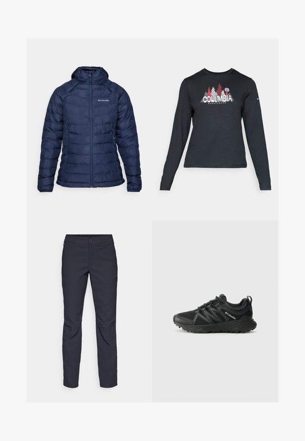 Tengerészkék pufi dzseki cipzáros elülső részel, kapucnival és steppelt textúrával. A mellkasán logó található, és az oldalsó zsebek praktikus funkciót biztosítanak.; Hosszú ujjú, sötétszürke ing piros fákkal és hegyekkel díszítve; a "COLUMBIA" logó vastag fehér betűkkel. Puha anyag, klasszikus kerek nyakkivágás.; Sötétkék nadrág sima anyagból, elülső gombos záródással, slim-fit fazonnal és gyűrött részletekkel a térdeken.; Columbia PEAKFREAK - Túracipők - black