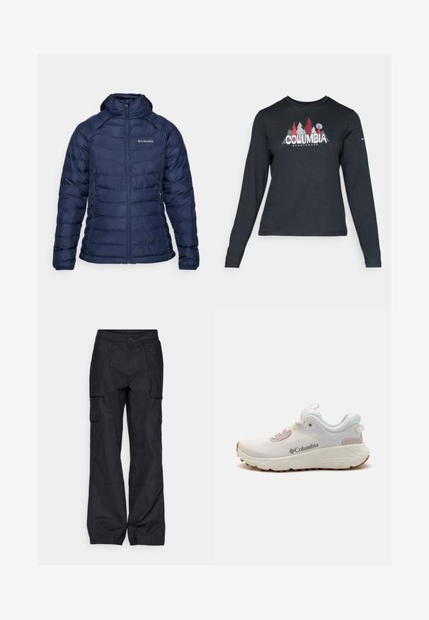 Casaco puffer azul-marinho com fecho frontal, capuz e textura acolchoada. Apresenta um logótipo no peito e bolsos laterais para maior funcionalidade.; Camisa de mangas longas cinza escuro com um gráfico de árvores vermelhas e montanhas; logótipo "COLUMBIA" em texto branco em negrito. Tecido suave, cuello redondo padrão.; Columbia BREA FALLS™ COTTON RIPSTOP PANT - Calças para exterior - black; Sapatilha atlética leve da Columbia em malha branca com uma sola cinza texturizada e tração em borracha. Apresenta um colarinho acolchoado e um design com atacadores.